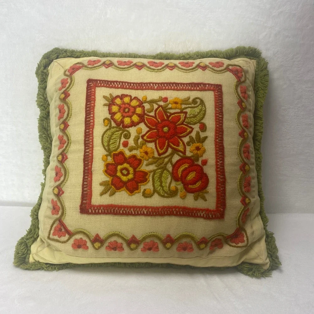 Vintage Embroidered Needlepoint Floral Pillow Square Boho Shabby Chic